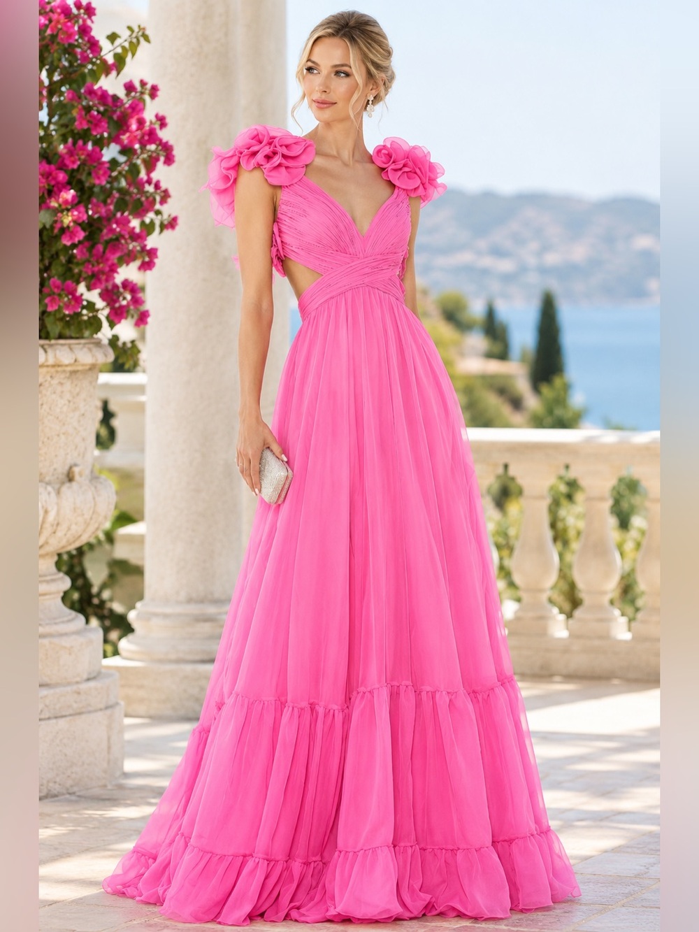MAC DUGGALDark Pink Ruffle Tiered Cut-Out Gown Maxi Dress Size 12 Wedding Guest